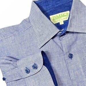 INSERCH Mens L Blue Micro Check Gingham 100% Linen Button Down Shirt Uomo Luxury